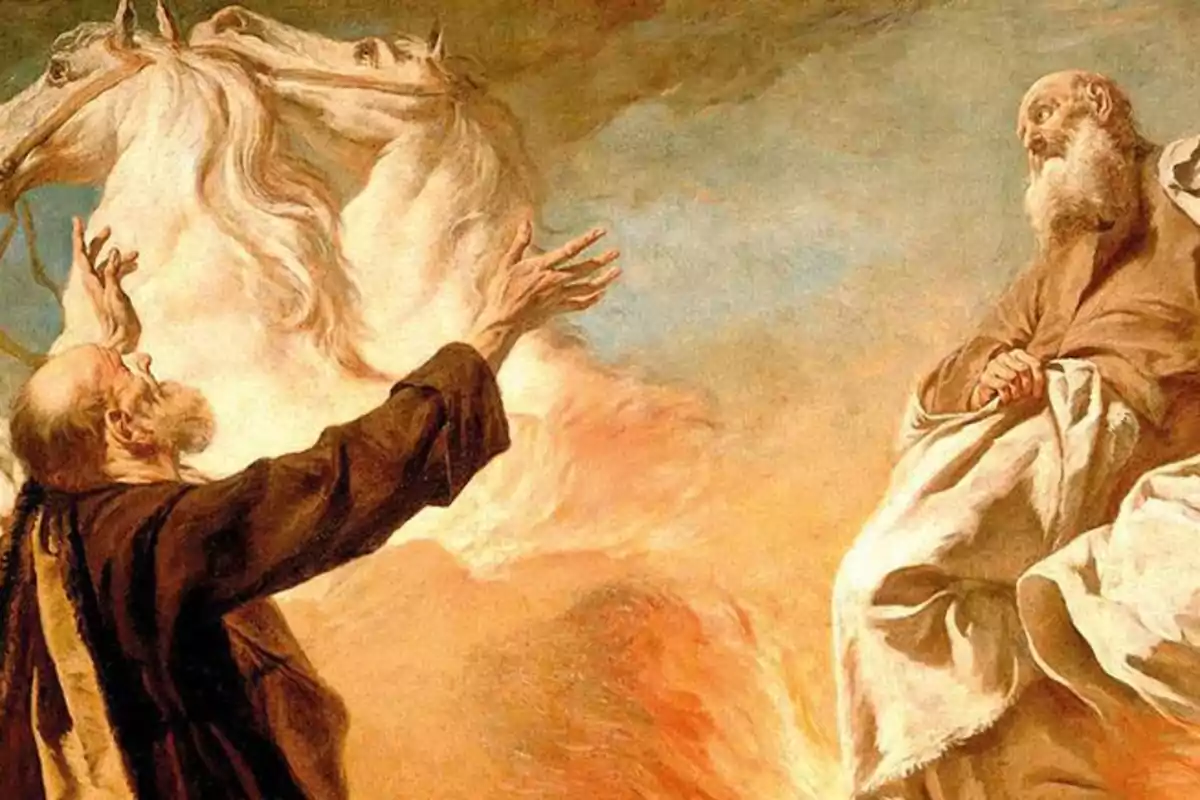 Dos homes amb barba i túnica, un assegut i l’altre dret amb els braços estesos, envoltats de cavalls blancs i foc en una escena d’estil bíblic Dos homes amb barba i túnica, un assegut i l’altre dret amb els braços estesos, envoltats de cavalls blancs i foc en una escena d’estil bíblic