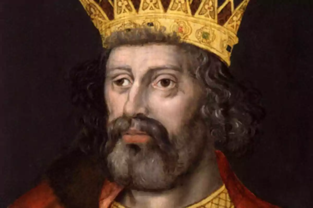 Retrat d’un home amb barba i corona daurada sobre fons fosc