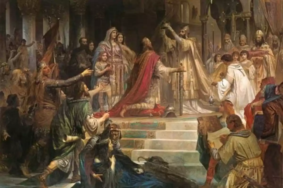 Cerimònia medieval de coronació amb un rei agenollat rebent una corona d’un sacerdot envoltat de cortesans i assistents en un ambient solemne Cerimònia medieval de coronació amb un rei agenollat rebent una corona d’un sacerdot envoltat de cortesans i assistents en un ambient solemne