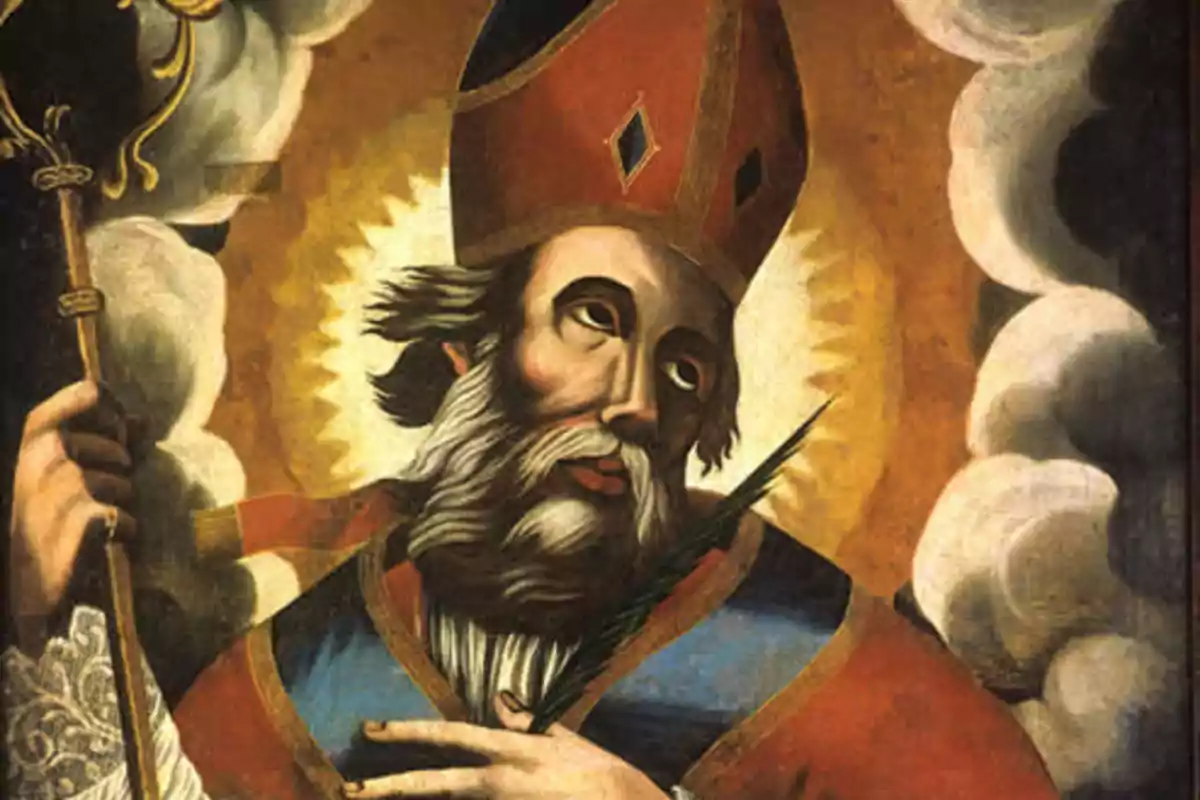 Pintura religiosa d’un sant amb barba i vestimenta de bisbe sostenint un bàcul i una palma envoltat de núvols i una aurèola daurada Pintura religiosa d’un sant amb barba i vestimenta de bisbe sostenint un bàcul i una palma envoltat de núvols i una aurèola daurada