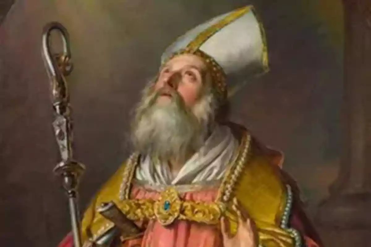 Pintura d’un home gran amb barba i vestimenta religiosa mirant cap amunt mentre sosté un bàcul