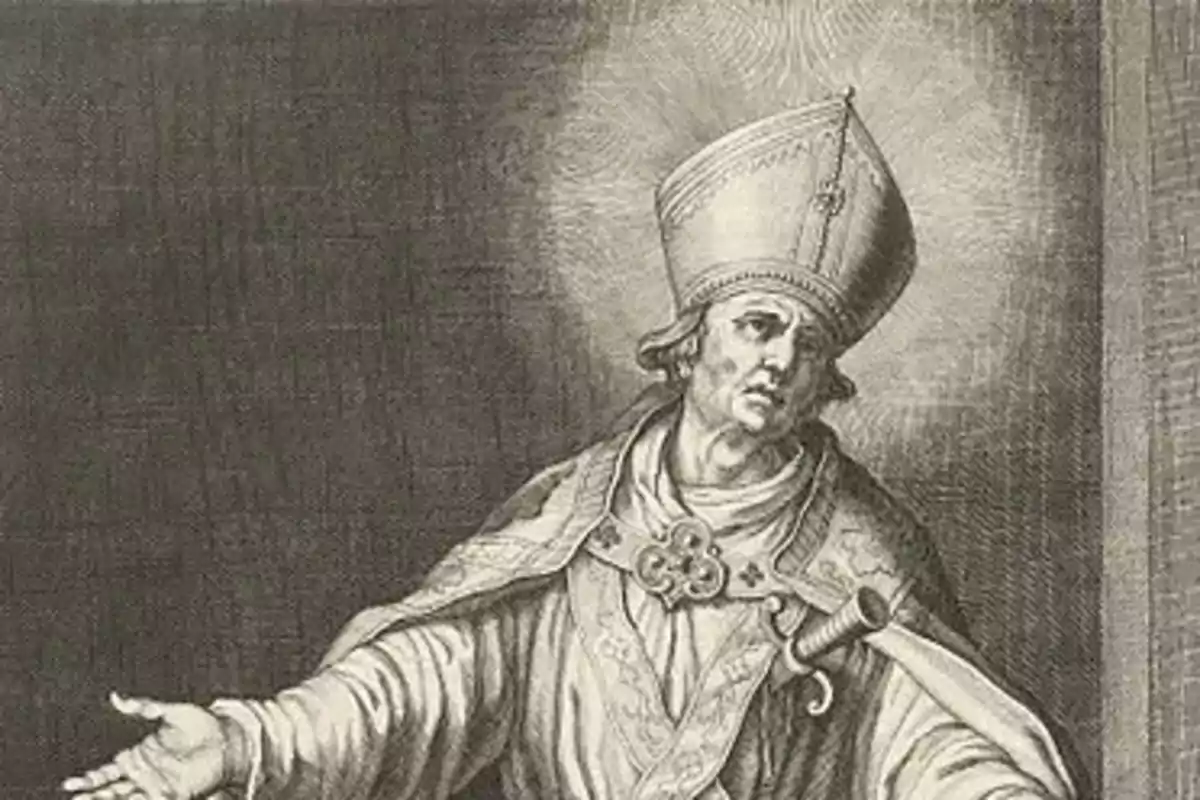 Gravat antic d’un bisbe amb mitra i vestimenta religiosa estenent una mà Gravat antic d’un bisbe amb mitra i vestimenta religiosa estenent una mà