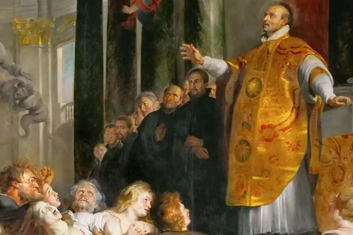 Un sacerdote con vestimenta dorada levanta los brazos mientras un grupo de personas lo observa y varias figuras parecen estar sufriendo en el primer plano
