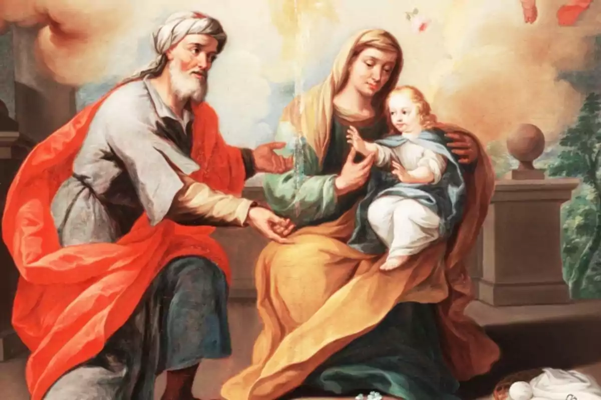 Pintura religiosa con tres figuras principales un hombre mayor con barba y túnica roja una mujer con manto amarillo y verde y un niño pequeño de cabello rubio en brazos de la mujer rodeados de un ambiente celestial y arquitectónico