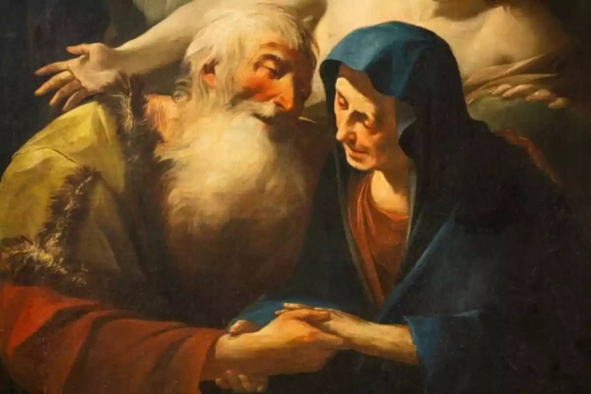 Dos personas mayores se miran con ternura mientras se toman de las manos en una pintura de estilo clásico Dos personas mayores se miran con ternura mientras se toman de las manos en una pintura de estilo clásico