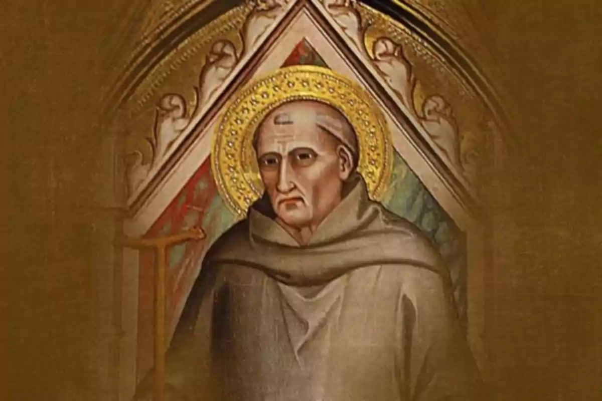 Pintura religiosa d’un monjo amb aureola daurada i expressió seriosa, vestit amb hàbit marró davant d’un fons decoratiu. Pintura religiosa d’un monjo amb aureola daurada i expressió seriosa, vestit amb hàbit marró davant d’un fons decoratiu.
