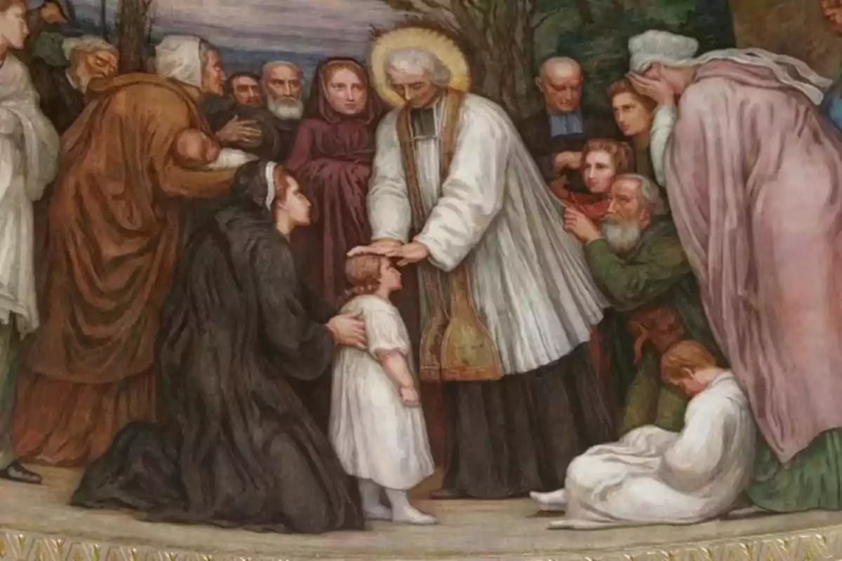 Pintura religiosa que mostra un sacerdot beneint una nena envoltat de diverses persones en actitud de respecte i devoció Pintura religiosa que mostra un sacerdot beneint una nena envoltat de diverses persones en actitud de respecte i devoció