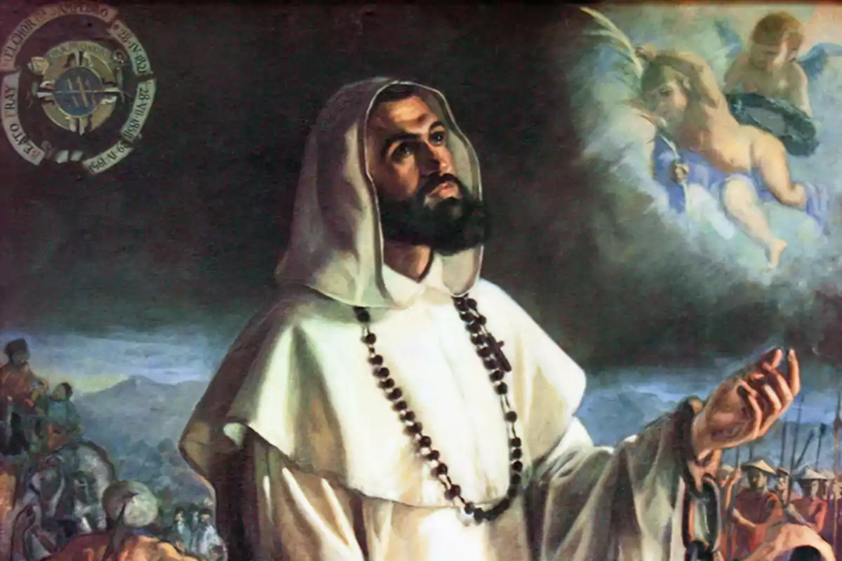 Un hombre con barba y túnica blanca mira hacia el cielo mientras sostiene un rosario y al fondo se observan ángeles y varias personas Un hombre con barba y túnica blanca mira hacia el cielo mientras sostiene un rosario y al fondo se observan ángeles y varias personas