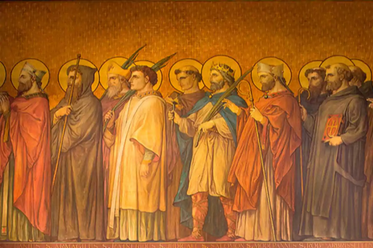Pintura religiosa que mostra diversos sants amb aurèoles daurades i vestits tradicionals sobre un fons daurat. Pintura religiosa que mostra diversos sants amb aurèoles daurades i vestits tradicionals sobre un fons daurat.
