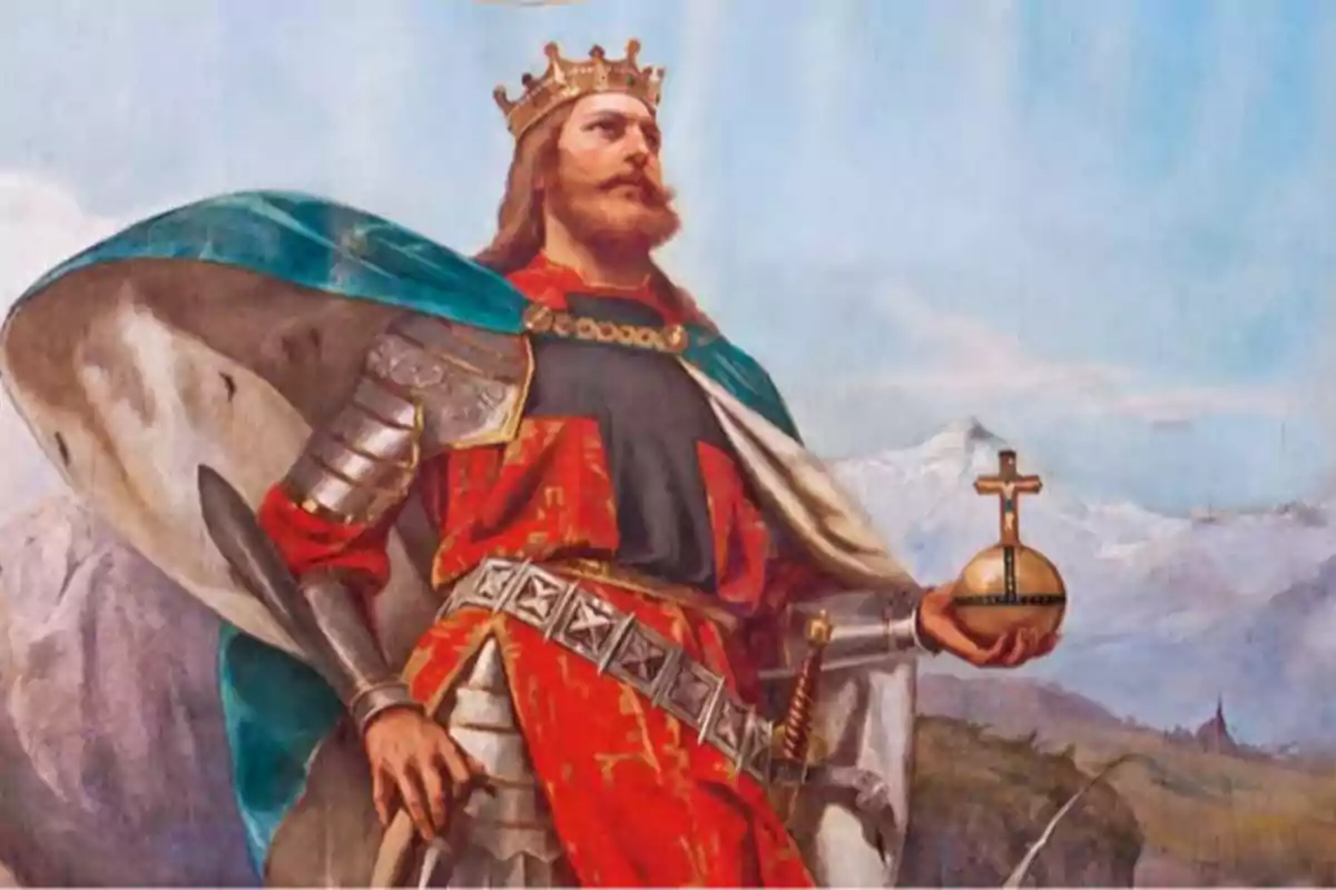 Rey medieval con corona y armadura sosteniendo un orbe dorado con cruz frente a un paisaje montañoso Rey medieval con corona y armadura sosteniendo un orbe dorado con cruz frente a un paisaje montañoso