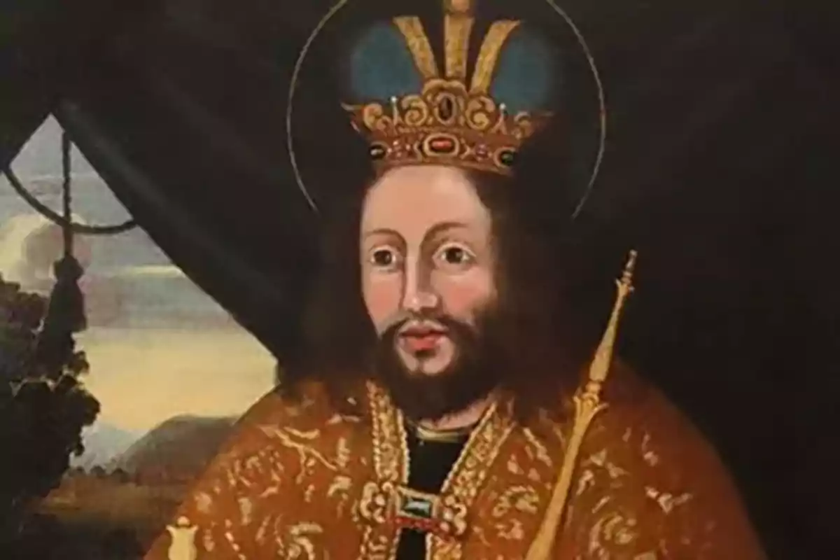 Pintura de un hombre con barba y corona dorada sosteniendo un cetro y vistiendo un manto decorado Pintura de un hombre con barba y corona dorada sosteniendo un cetro y vistiendo un manto decorado