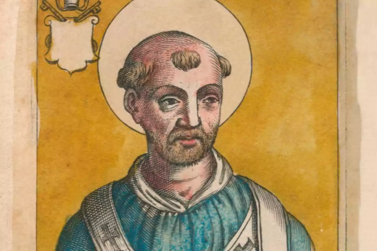 Il·lustració antiga d’un home amb aurèola i vestimenta religiosa sobre fons groc Il·lustració antiga d’un home amb aurèola i vestimenta religiosa sobre fons groc