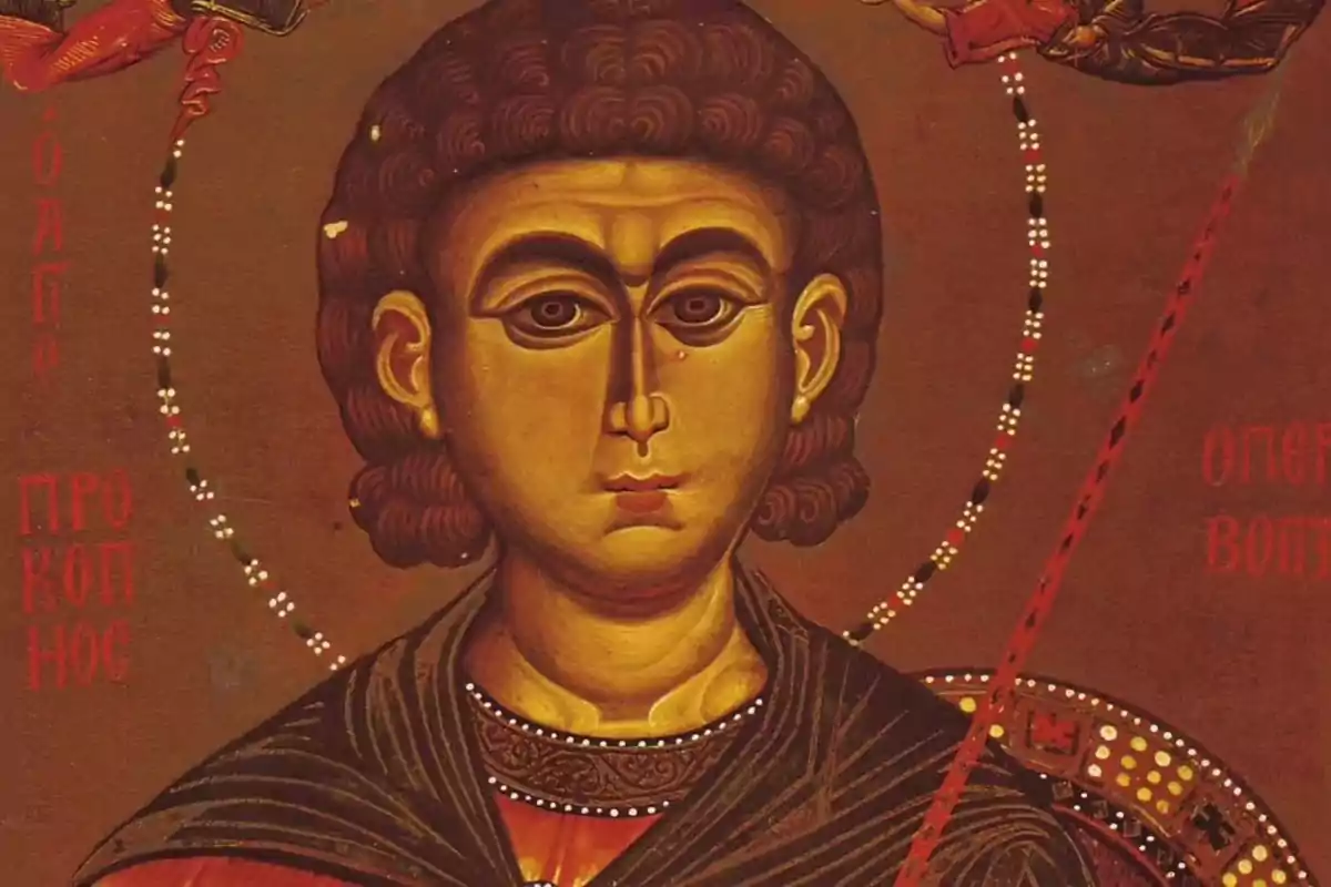 Pintura religiosa d'estil bizantí que mostra el rostre d'un sant amb aurèola i fons marró Pintura religiosa d'estil bizantí que mostra el rostre d'un sant amb aurèola i fons marró