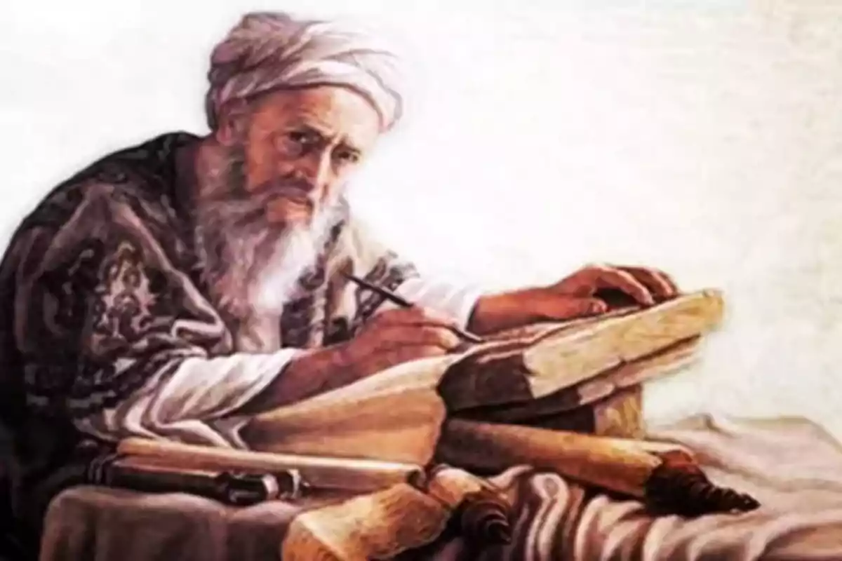 Hombre mayor con barba y turbante escribiendo en un libro antiguo sobre una mesa con pergaminos Hombre mayor con barba y turbante escribiendo en un libro antiguo sobre una mesa con pergaminos
