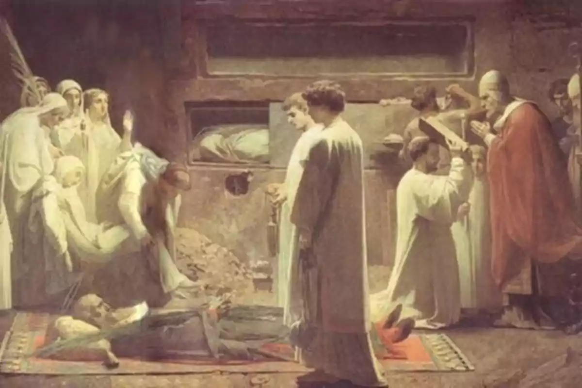 Un grupo de personas vestidas con túnicas blancas y un sacerdote con vestimenta roja realizan un ritual funerario en una tumba antigua donde se observa un cuerpo tendido en el suelo y otro en un nicho al fondo