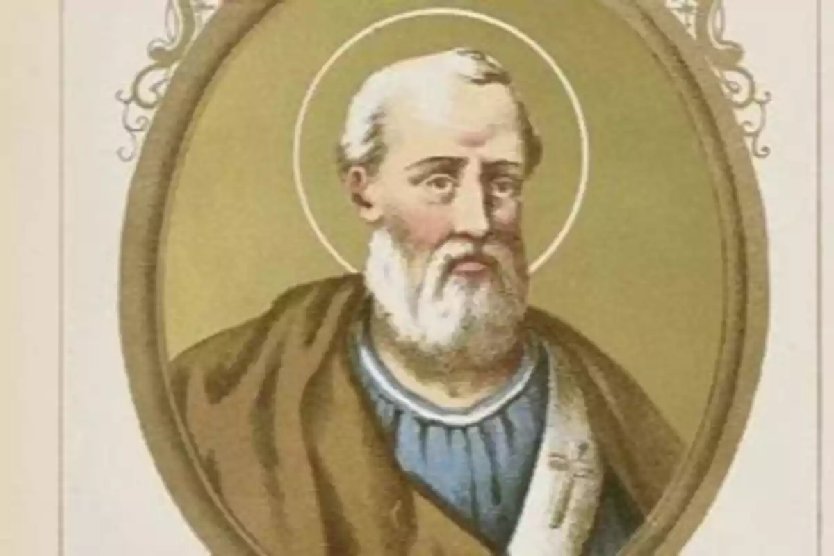 Ilustración antigua de un hombre con barba y aureola vestido con túnica y manto dentro de un marco ovalado decorativo Ilustración antigua de un hombre con barba y aureola vestido con túnica y manto dentro de un marco ovalado decorativo