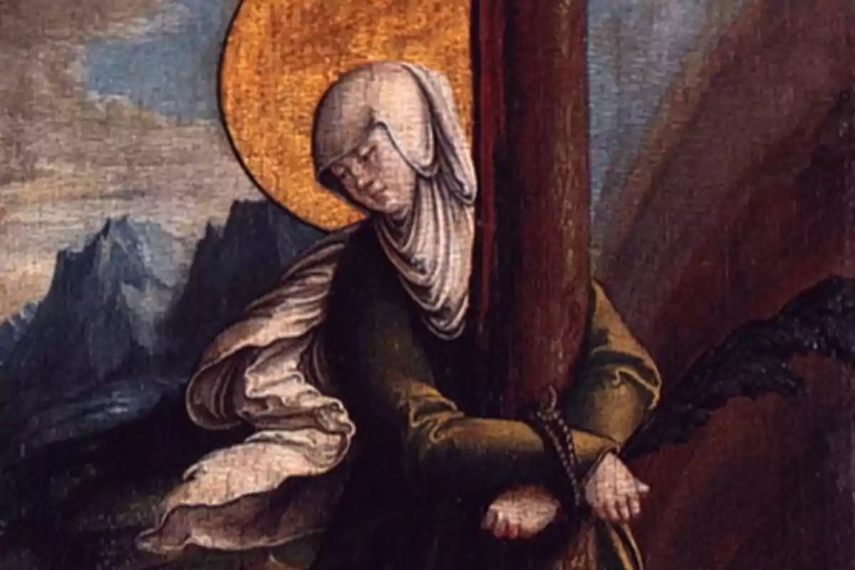 Mujer con vestimenta religiosa abrazando una columna con un halo dorado detrás de su cabeza y un paisaje montañoso al fondo Mujer con vestimenta religiosa abrazando una columna con un halo dorado detrás de su cabeza y un paisaje montañoso al fondo