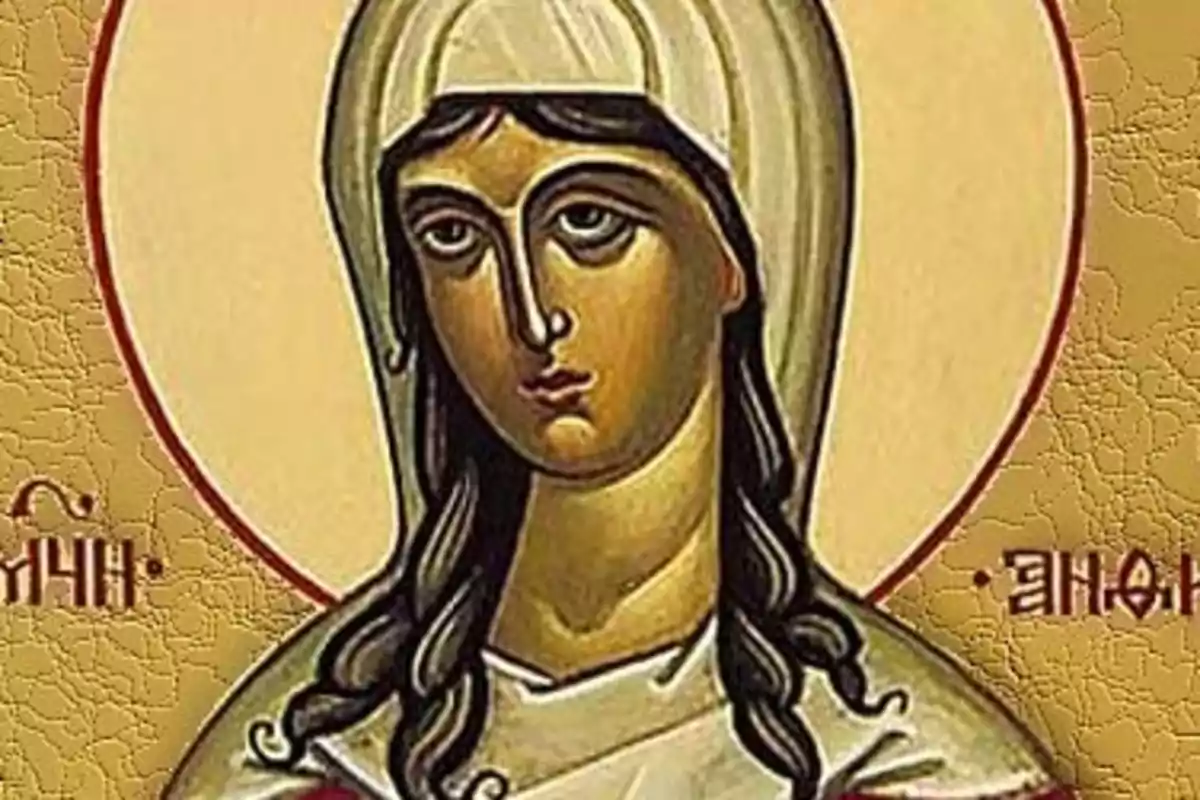 Pintura religiosa de una mujer con manto blanco y fondo dorado Pintura religiosa de una mujer con manto blanco y fondo dorado