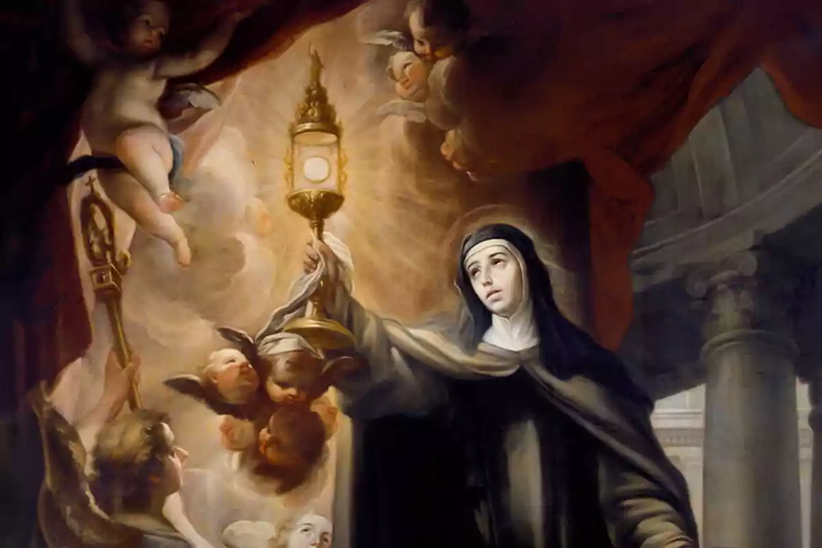 Pintura religiosa d’una monja sostenint una custòdia daurada envoltada d’àngels i querubins en un ambient celestial
