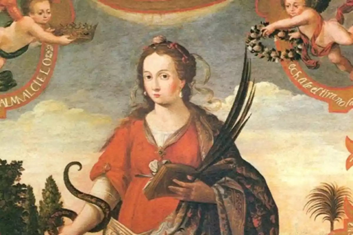 Pintura antiga d’una dona amb vestit vermell sostenint una palma i un llibre, envoltada d’àngels i amb una serp enroscada al seu braç esquerre. Pintura antiga d’una dona amb vestit vermell sostenint una palma i un llibre, envoltada d’àngels i amb una serp enroscada al seu braç esquerre.