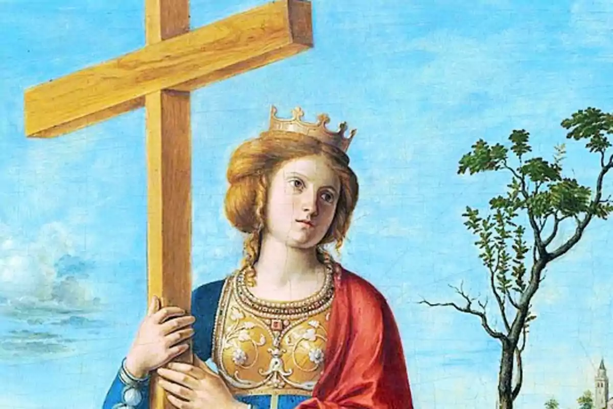 Mujer con corona y vestimenta elegante sostiene una gran cruz de madera bajo un cielo azul con un árbol al fondo Mujer con corona y vestimenta elegante sostiene una gran cruz de madera bajo un cielo azul con un árbol al fondo