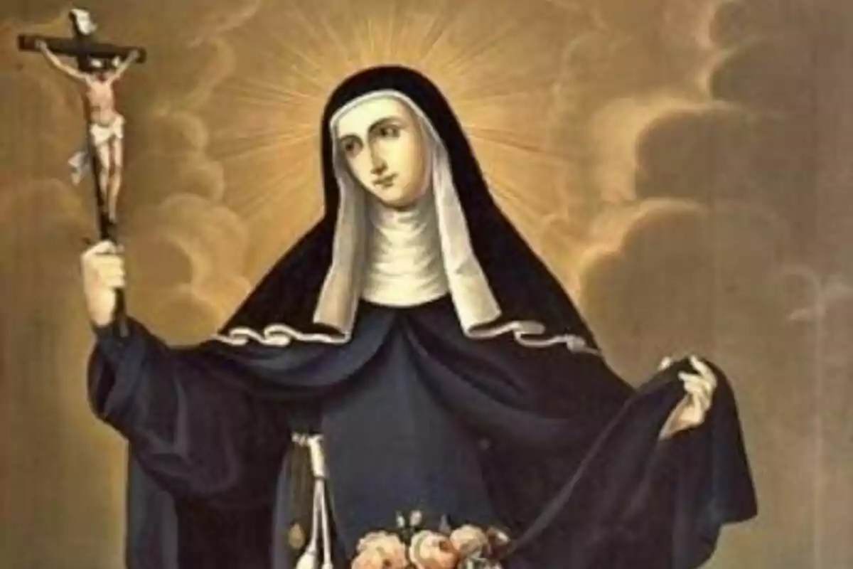 Pintura religiosa d’una monja amb halo sostenint un crucifix i flors a l’hàbit Pintura religiosa d’una monja amb halo sostenint un crucifix i flors a l’hàbit