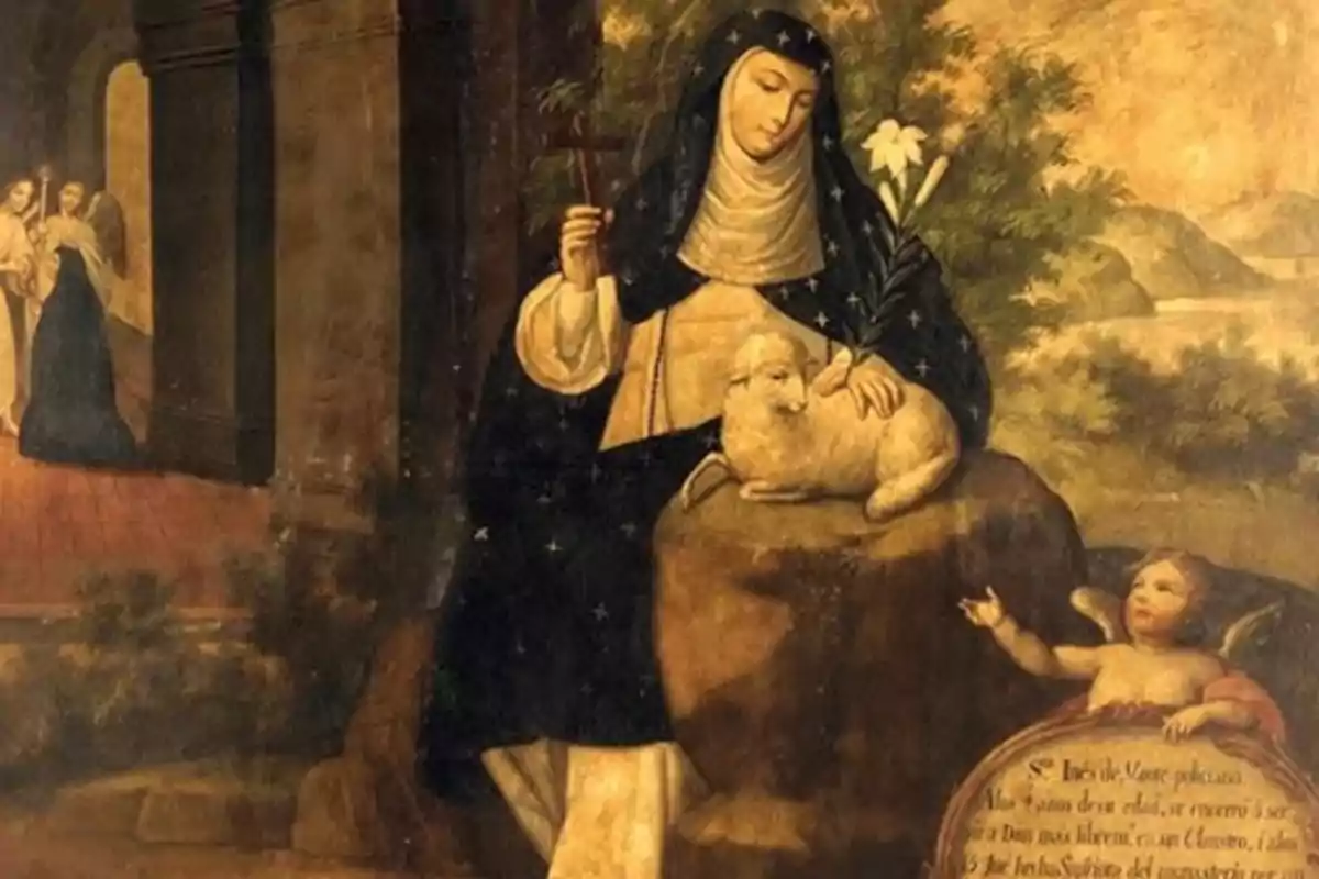Pintura religiosa que mostra una monja amb hàbit negre i blanc asseguda al costat d’un anyell i un àngel petit mentre sosté una creu i flors blanques Pintura religiosa que mostra una monja amb hàbit negre i blanc asseguda al costat d’un anyell i un àngel petit mentre sosté una creu i flors blanques
