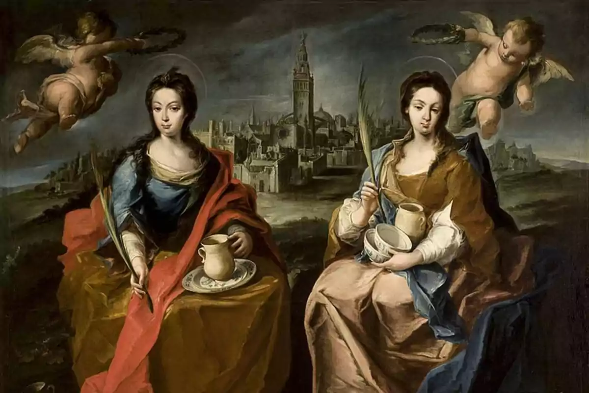 Dos mujeres sentadas con vestimentas antiguas sostienen palmas y objetos de cerámica mientras dos ángeles vuelan sobre ellas con coronas y al fondo se observa una ciudad antigua con una torre prominente Dos mujeres sentadas con vestimentas antiguas sostienen palmas y objetos de cerámica mientras dos ángeles vuelan sobre ellas con coronas y al fondo se observa una ciudad antigua con una torre prominente