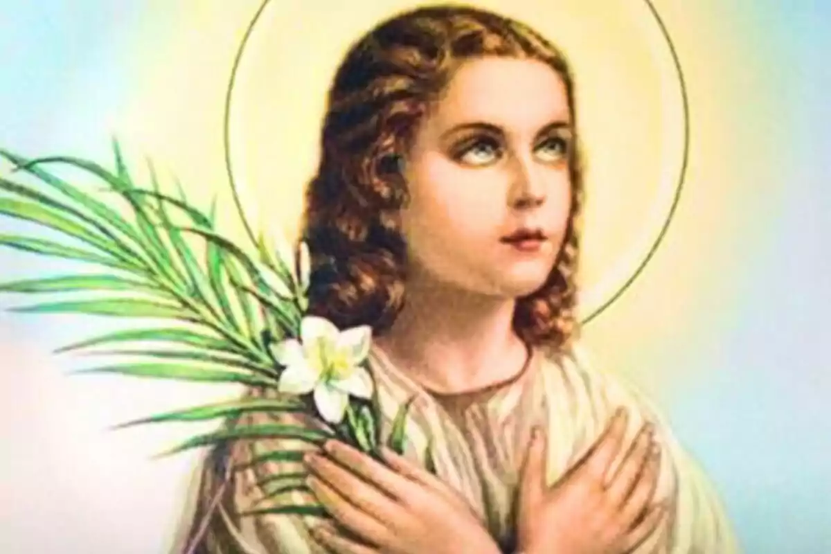 Jove amb aureola mirant cap amunt sostenint una palma i una flor blanca Jove amb aureola mirant cap amunt sostenint una palma i una flor blanca