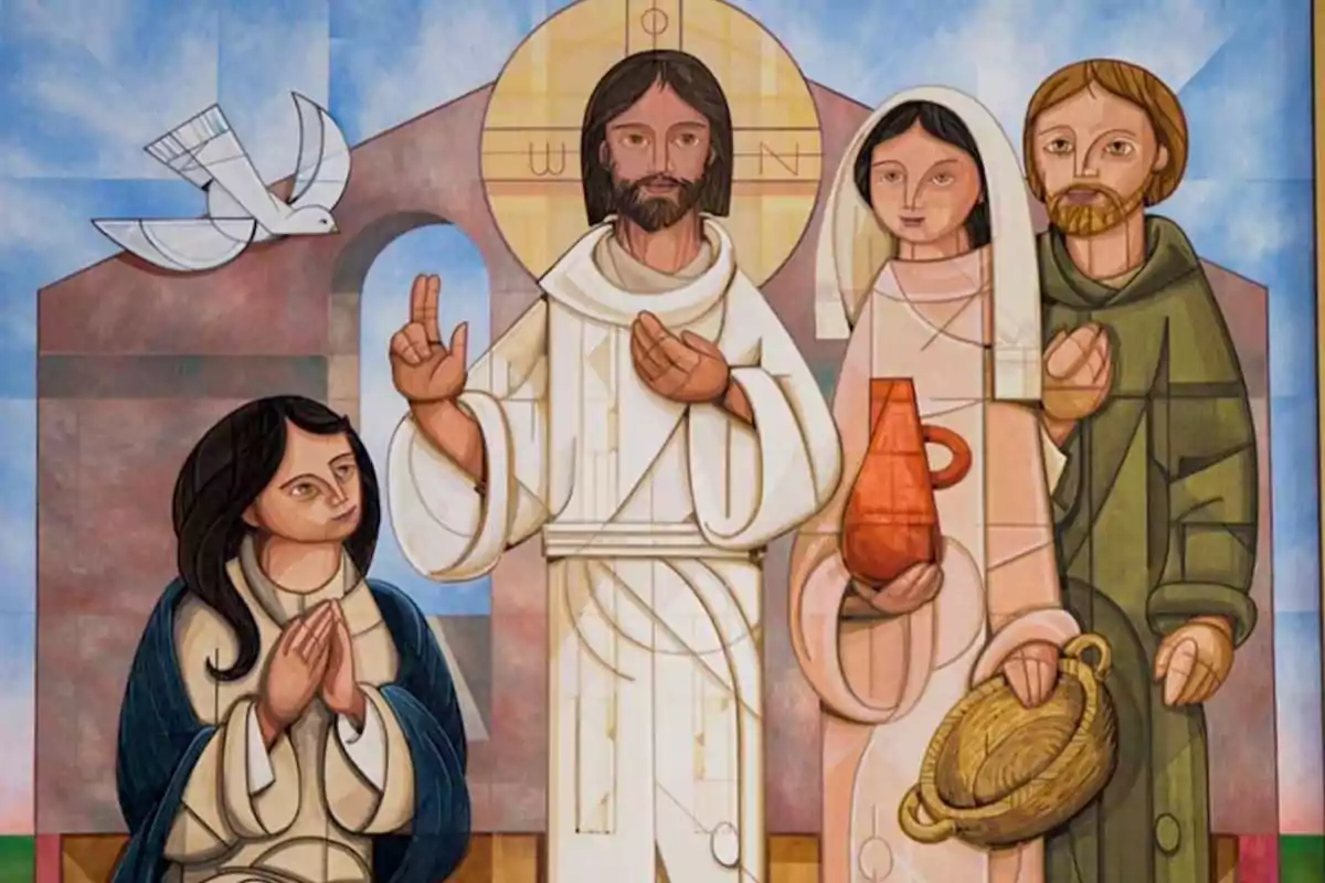 Pintura de estilo moderno que representa a Jesús en el centro con una mano levantada en señal de bendición, acompañado por tres personas y una paloma blanca en la esquina superior izquierda Pintura de estilo moderno que representa a Jesús en el centro con una mano levantada en señal de bendición, acompañado por tres personas y una paloma blanca en la esquina superior izquierda