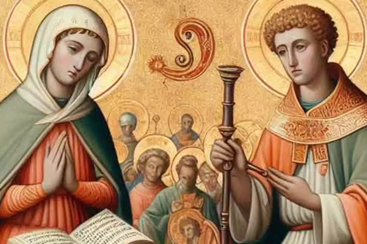 Pintura religiosa con figuras de santos vestidos con túnicas y aureolas doradas sobre un fondo decorativo Pintura religiosa con figuras de santos vestidos con túnicas y aureolas doradas sobre un fondo decorativo