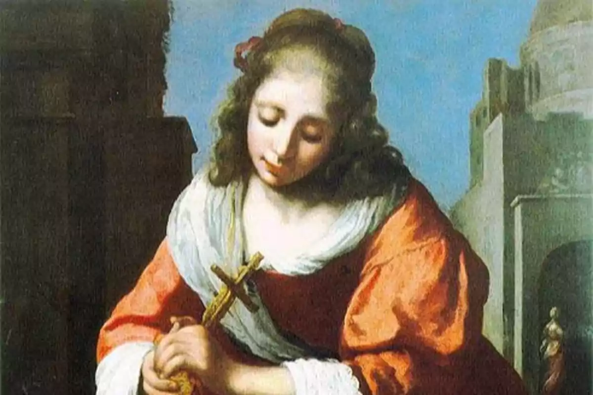 Jove amb vestit vermell i blanc sosté un crucifix de fusta mentre inclina el cap amb una expressió serena Jove amb vestit vermell i blanc sosté un crucifix de fusta mentre inclina el cap amb una expressió serena