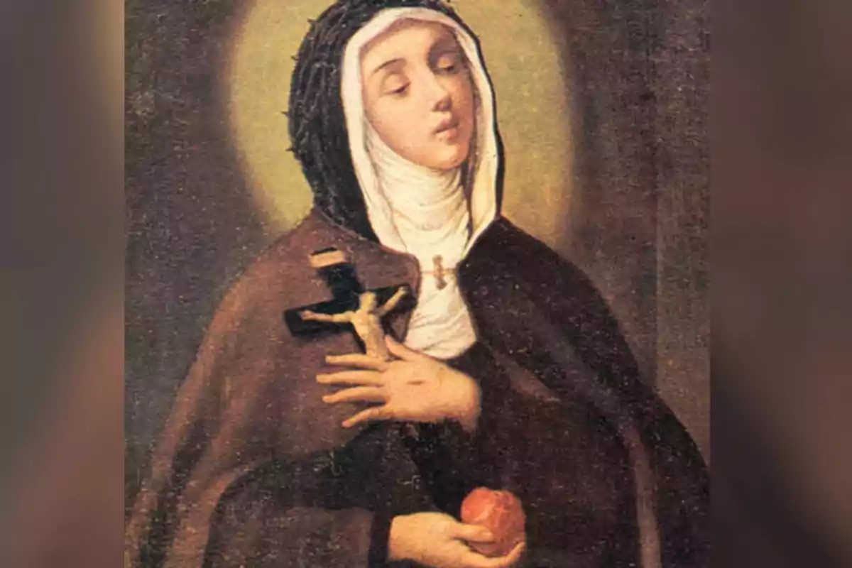 Pintura religiosa d’una dona vestida amb hàbit fosc i vel blanc sostenint un crucifix i una poma