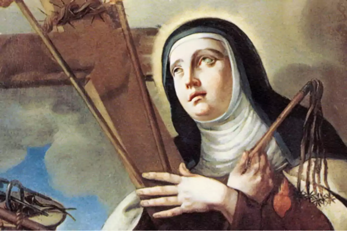 Pintura religiosa d’una monja amb hàbit negre i blanc sostenint una creu de fusta i un flagell, amb una expressió de devoció i un halo lluminós al voltant del seu cap. Pintura religiosa d’una monja amb hàbit negre i blanc sostenint una creu de fusta i un flagell, amb una expressió de devoció i un halo lluminós al voltant del seu cap.