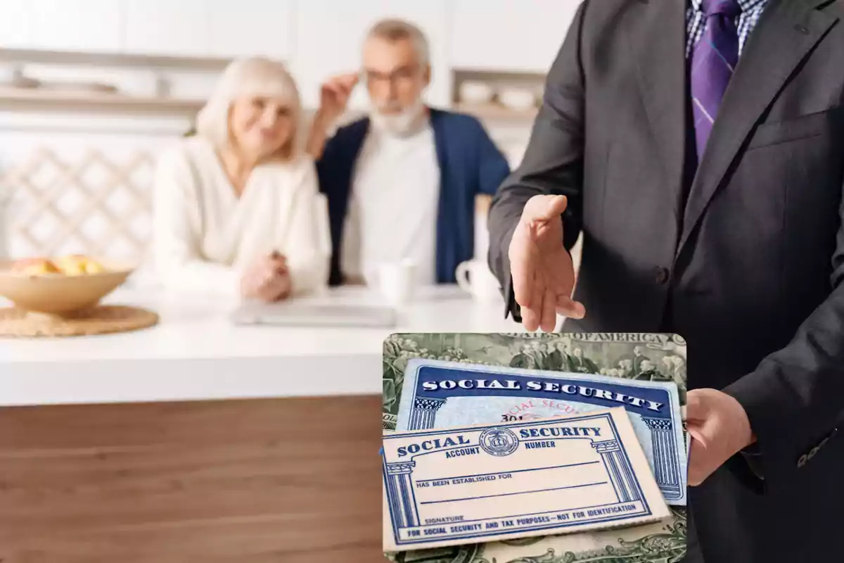 A man in a suit displays Social Security cards while an elderly couple watches in the background in a modern kitchen.