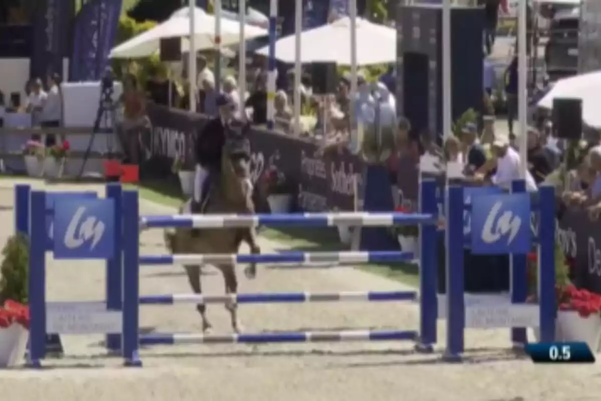 Una jinete montando un caballo, que es Sira Martínez, se prepara para saltar un obstáculo en una competencia ecuestre al aire libre, con público y jueces observando desde el fondo. Una jinete montando un caballo, que es Sira Martínez, se prepara para saltar un obstáculo en una competencia ecuestre al aire libre, con público y jueces observando desde el fondo.