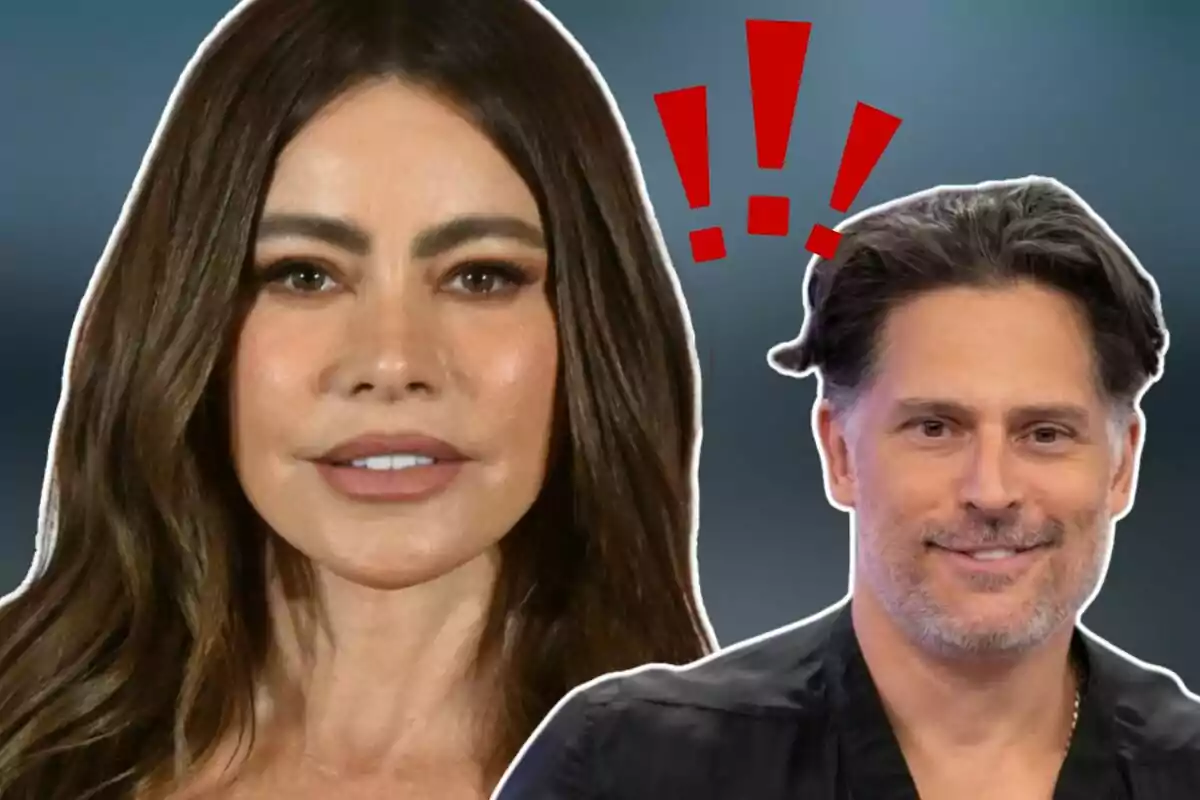 Sofia Vergara al costat d’un home de cabell curt i canós, Joe Manganiello, amb tres signes d’exclamació vermells sobre seu.