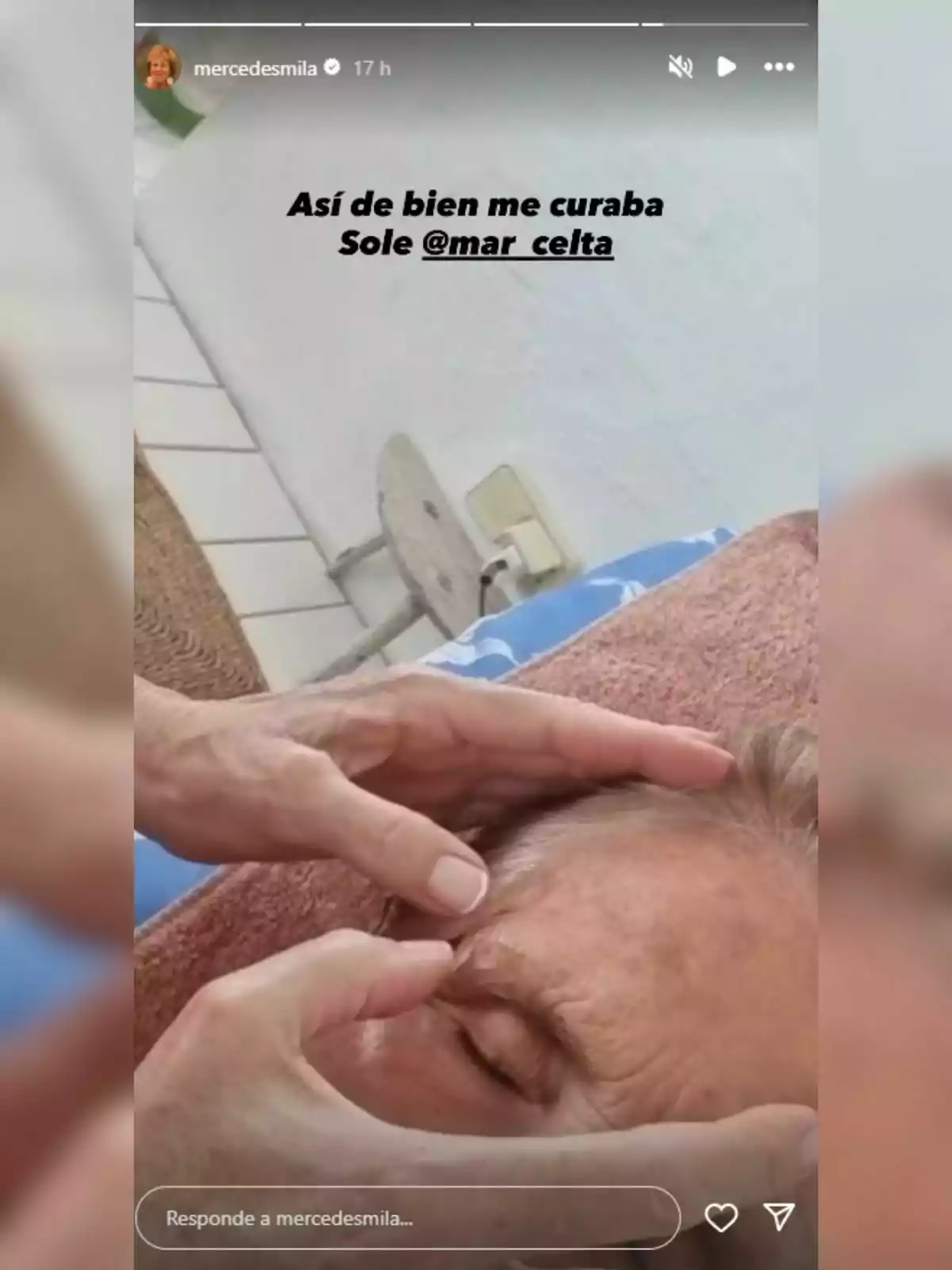 Mercedes Milá rebent un massatge facial al front mentre està estirada sobre una tovallola de color marró Mercedes Milá rebent un massatge facial al front mentre està estirada sobre una tovallola de color marró