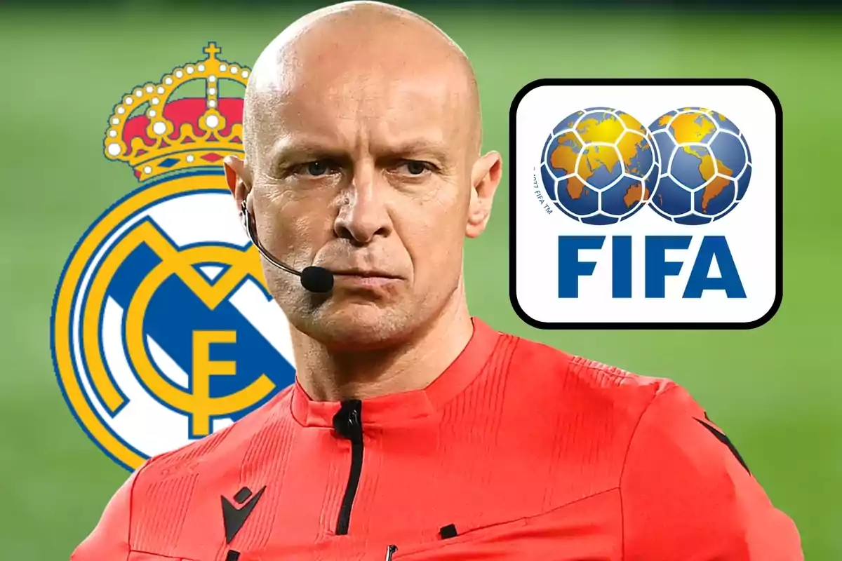 Soccer referee wearing a red uniform and a microphone, with the Real Madrid crest and the FIFA logo in the background