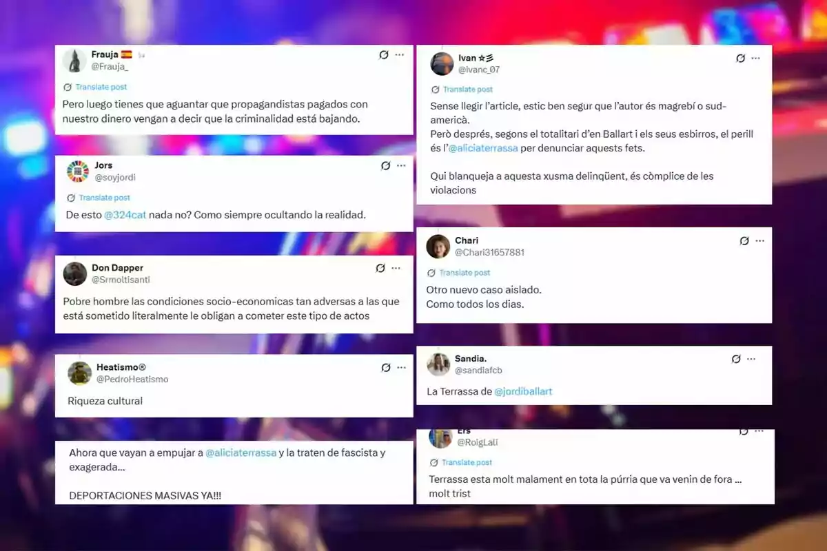 Screenshot showing several tweets with negative opinions about crime and the social situation in Terrassa, some in Spanish and others in Catalan, with criticism of the media, authorities, and comments about immigration. Screenshot showing several tweets with negative opinions about crime and the social situation in Terrassa, some in Spanish and others in Catalan, with criticism of the media, authorities, and comments about immigration.
