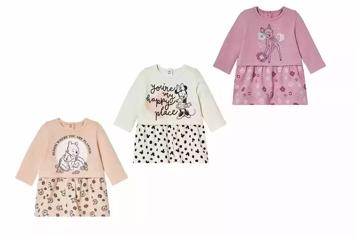 Three long-sleeve dresses for girls with children's character prints in different colors