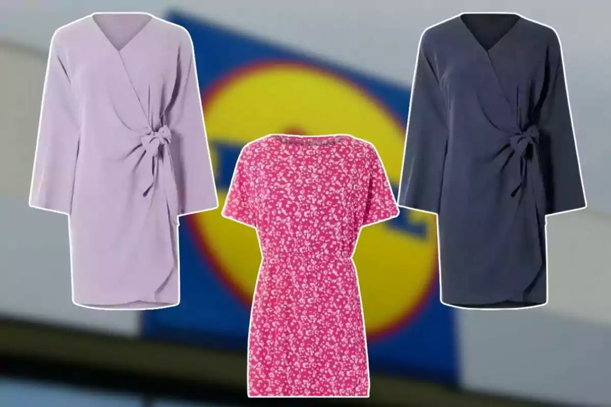 Three dresses in different colors and styles on a blurred background with a store logo. Three dresses in different colors and styles on a blurred background with a store logo.
