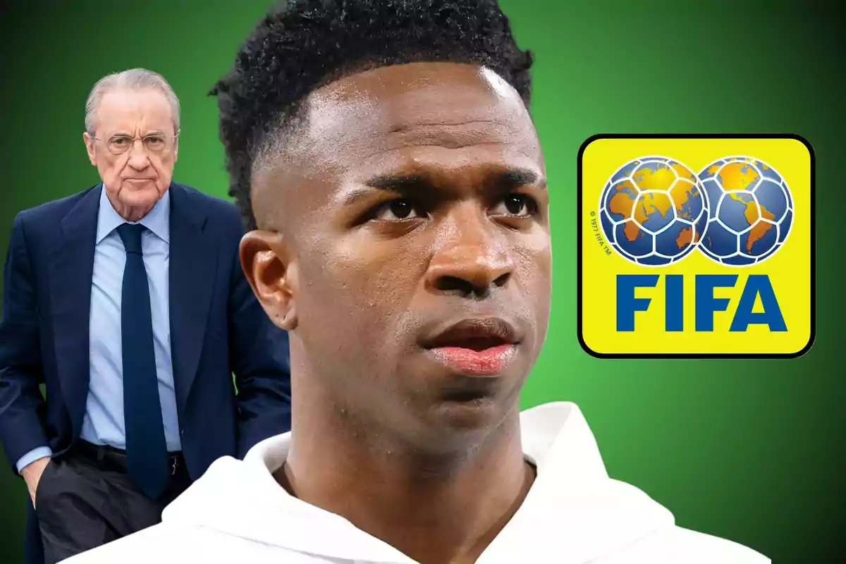 A young man in the foreground with a serious expression, in the background an older man in a suit and the FIFA logo on a green background.