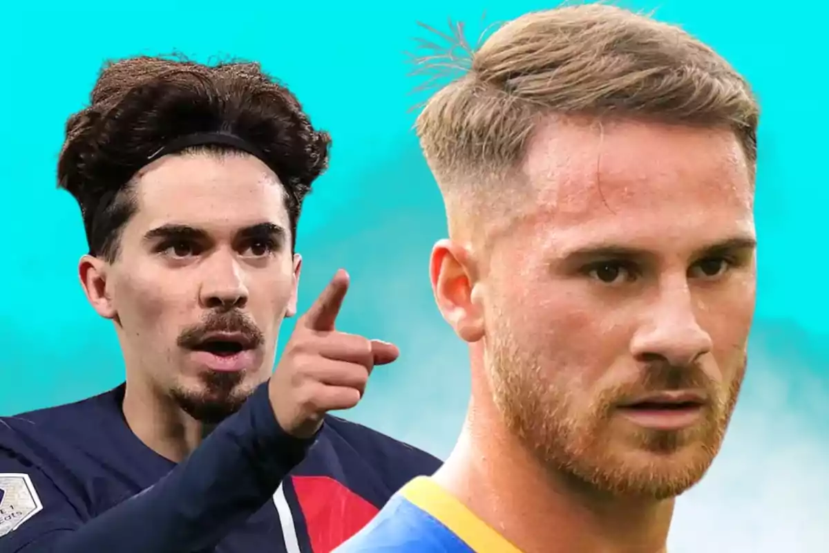 Dos futbolistes amb expressions serioses i fons blau turquesa