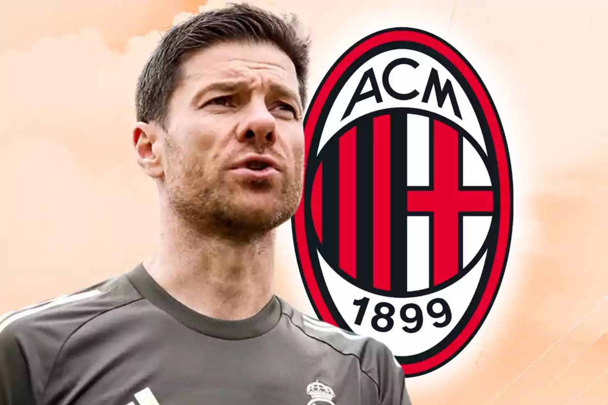 Man wearing a gray sports jersey in front of the AC Milan crest against a light background