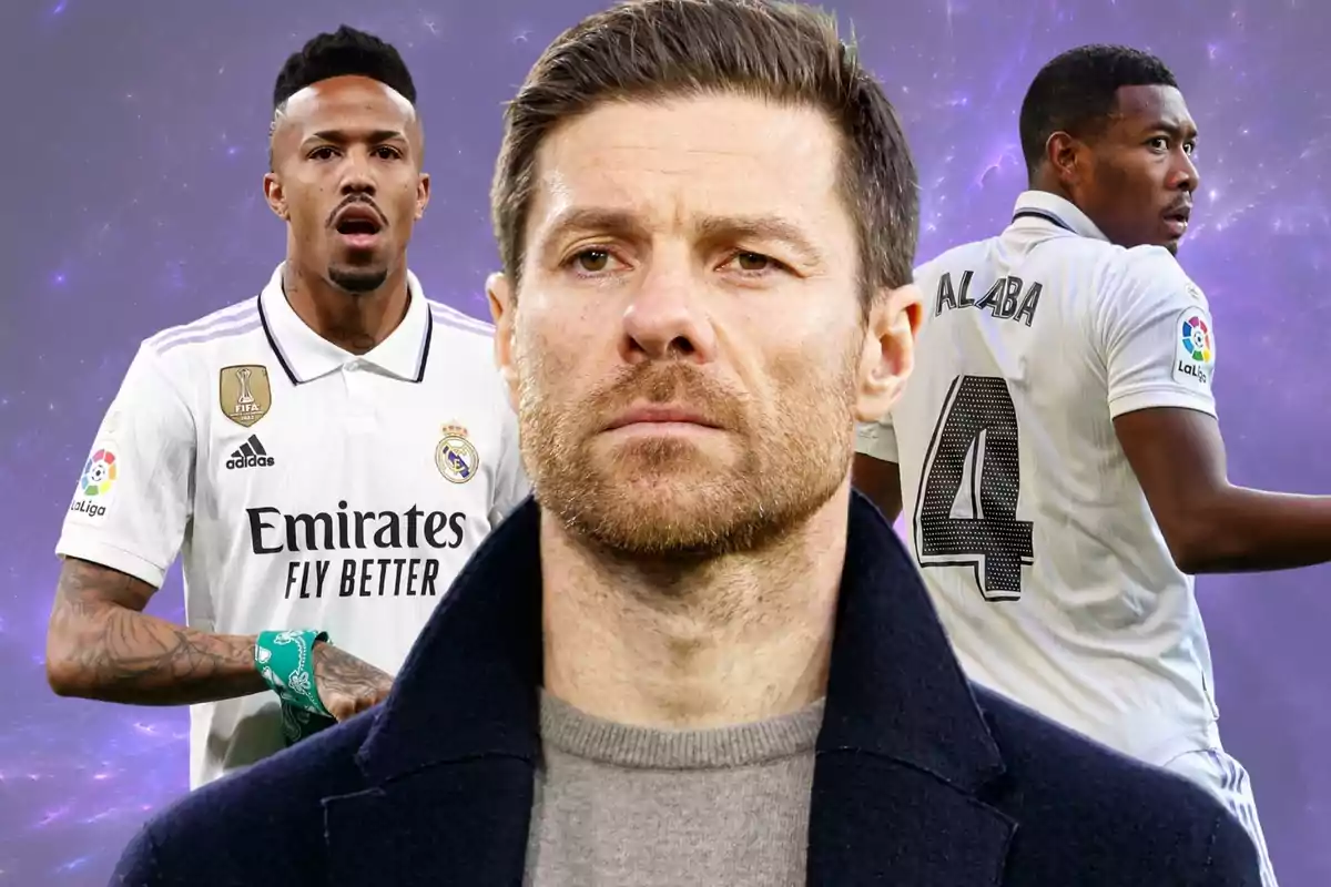 Three people related to soccer, one in the foreground with a serious expression and two Real Madrid players in the background wearing white uniforms against a purple backdrop.