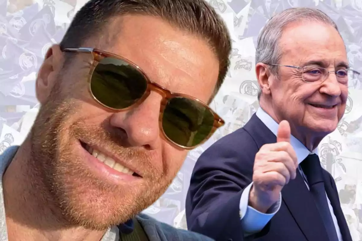 Two men are smiling, one is wearing sunglasses and the other is dressed in a suit and giving a thumbs-up gesture, with a background of white flags.