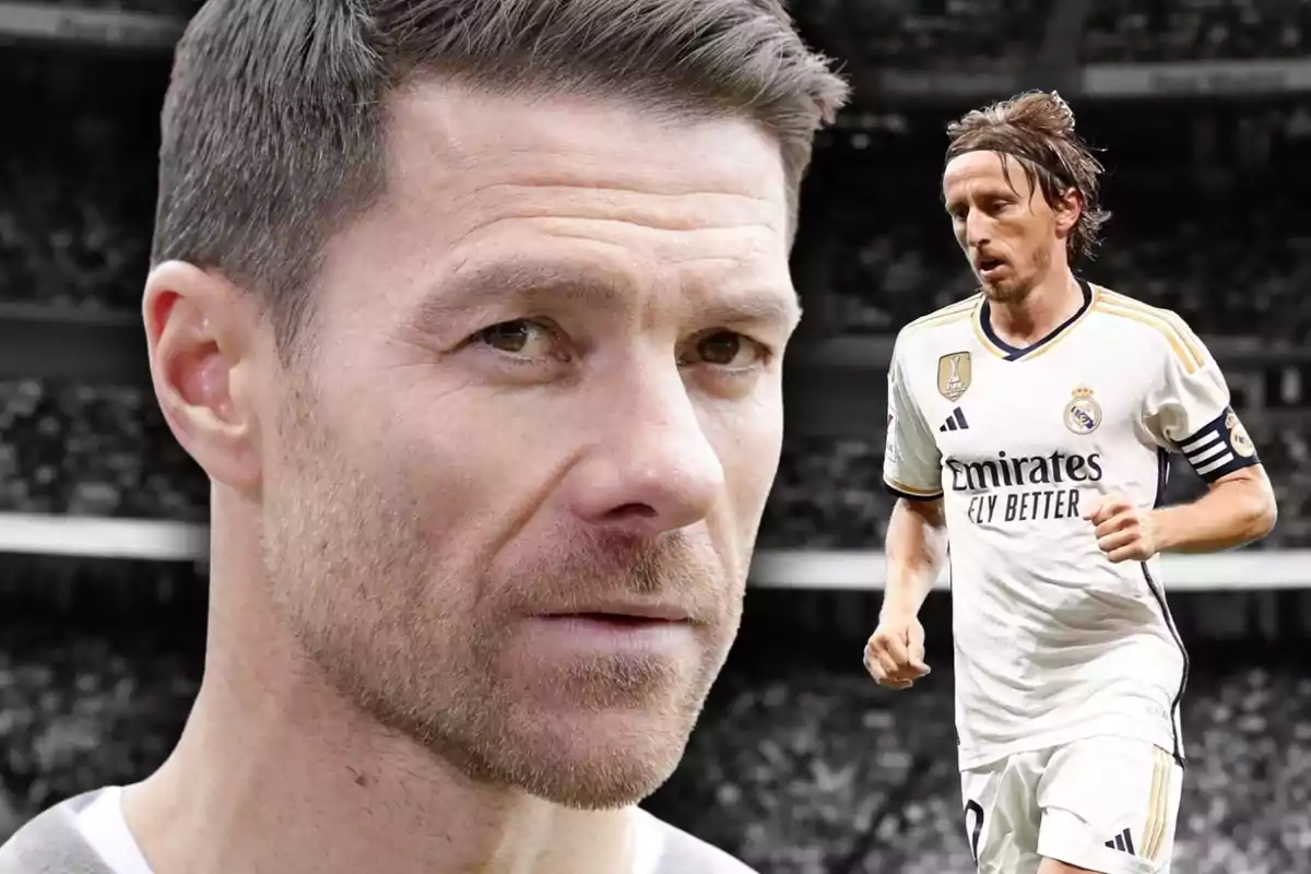 Close-up of a man with a serious expression and, in the background, a player in a white Real Madrid uniform running in a stadium.
