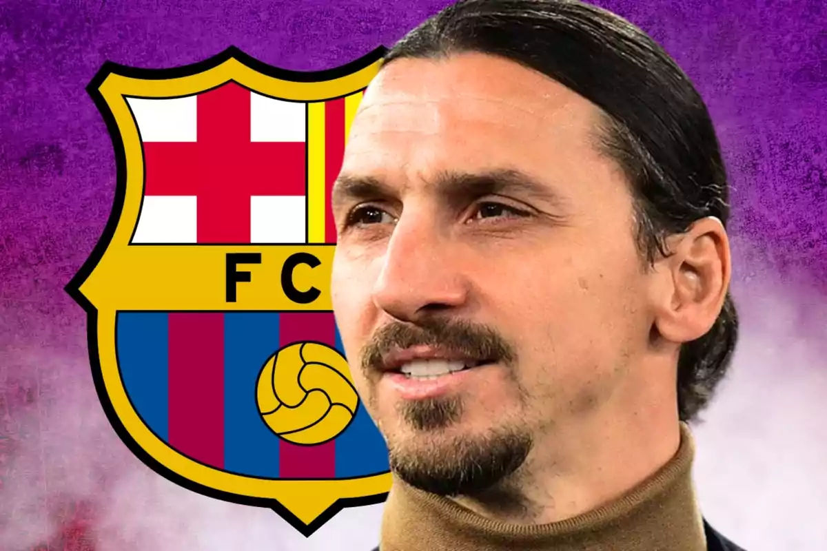 Home de cabells foscos i barba retallada davant de l’escut del FC Barcelona sobre un fons morat