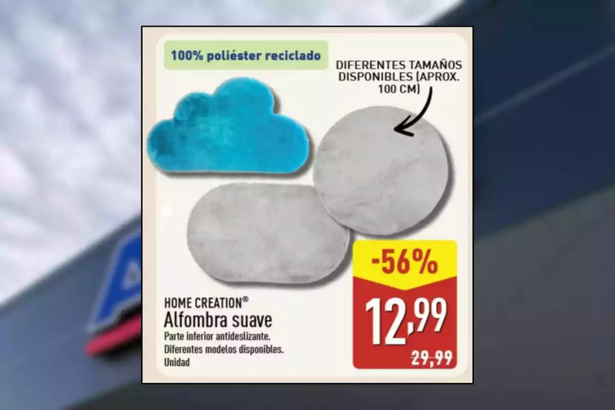Oferta de alfombras suaves de poliéster reciclado en diferentes formas y tamaños con un descuento del 56 por ciento y precio de 12,99 euros Oferta de alfombras suaves de poliéster reciclado en diferentes formas y tamaños con un descuento del 56 por ciento y precio de 12,99 euros